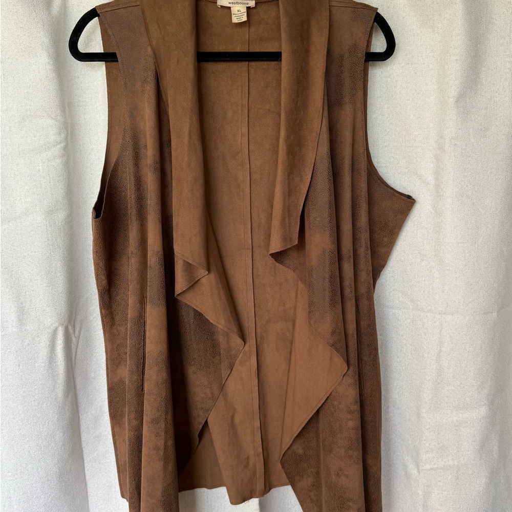 Westbound Brown Faux Suede Draped Open-Front Vest